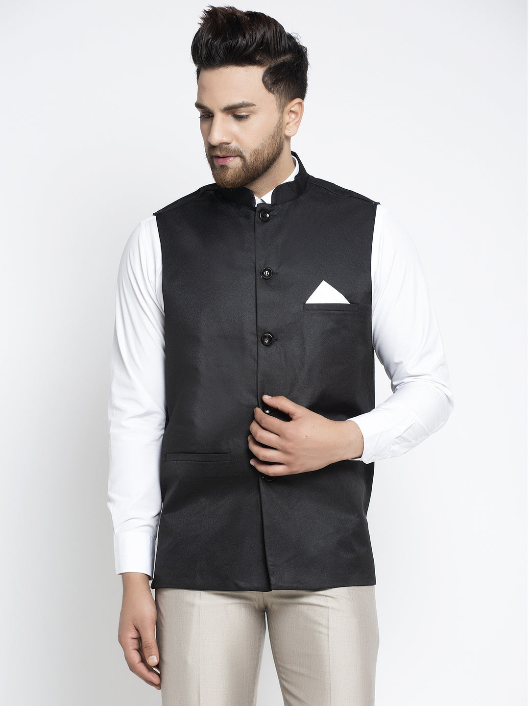 Jompers Men's Black Solid Nehru Jacket | Grocsy