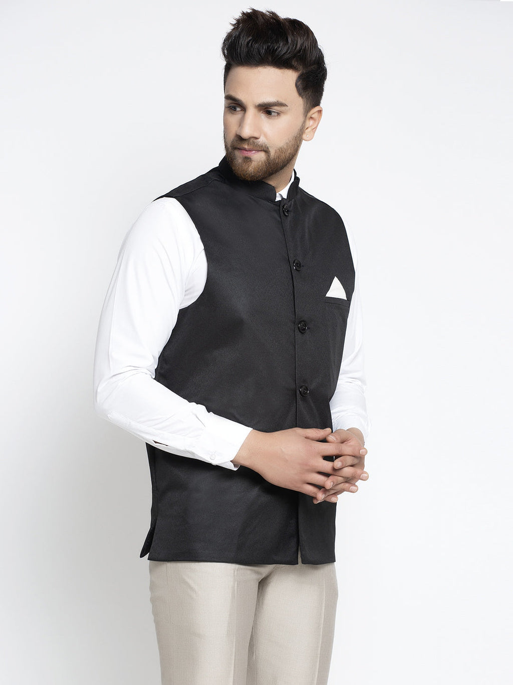 Jompers Men's Black Solid Nehru Jacket | Grocsy