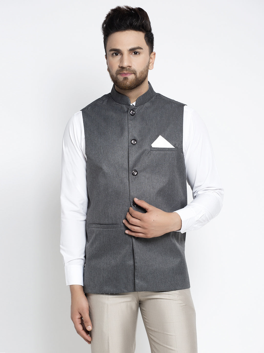 Jompers Men's Grey Melange Solid Nehru Jacket | Grocsy