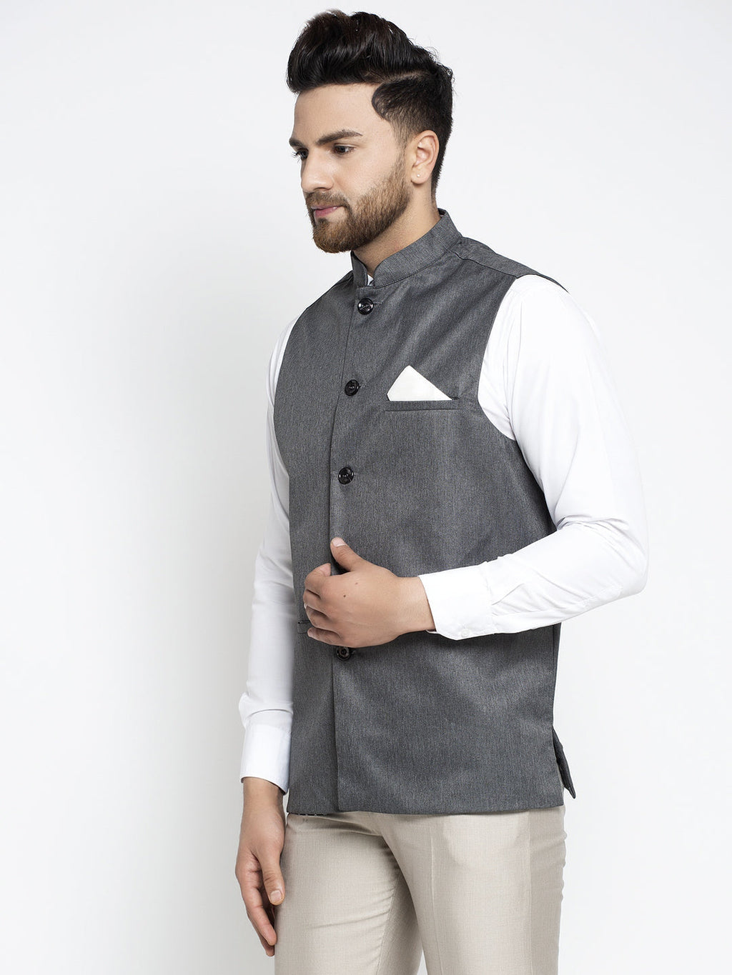Jompers Men's Grey Melange Solid Nehru Jacket | Grocsy