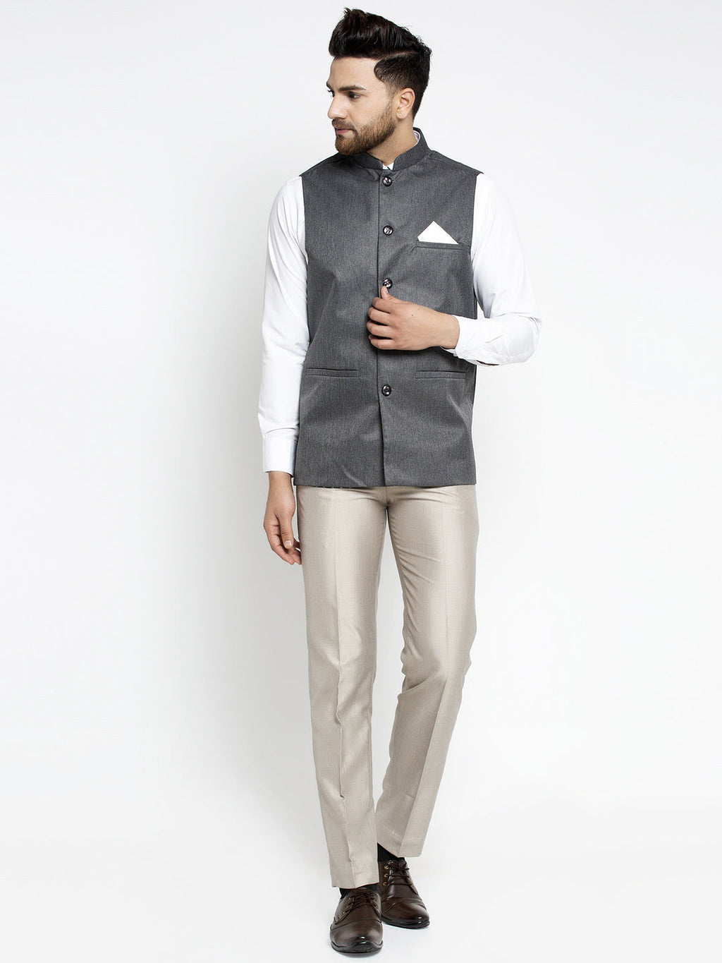 Jompers Men's Grey Melange Solid Nehru Jacket | Grocsy