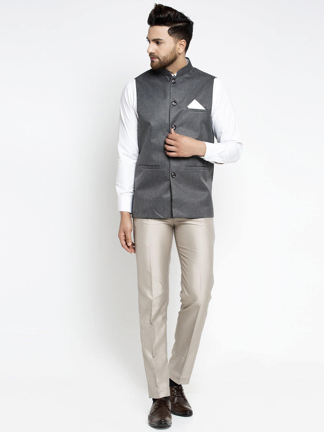 Jompers Men's Grey Melange Solid Nehru Jacket | Grocsy