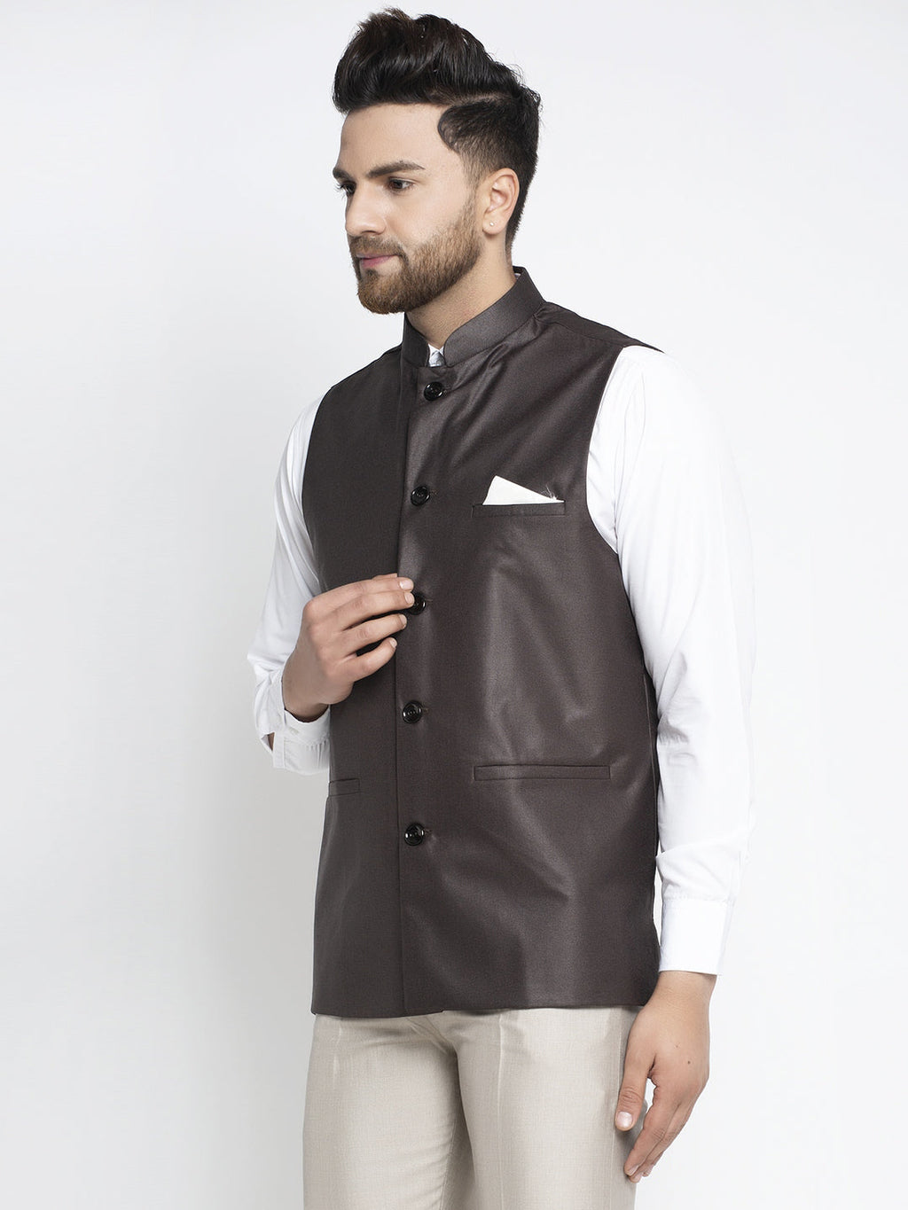 Jompers Men's Brown Solid Nehru Jacket | Grocsy