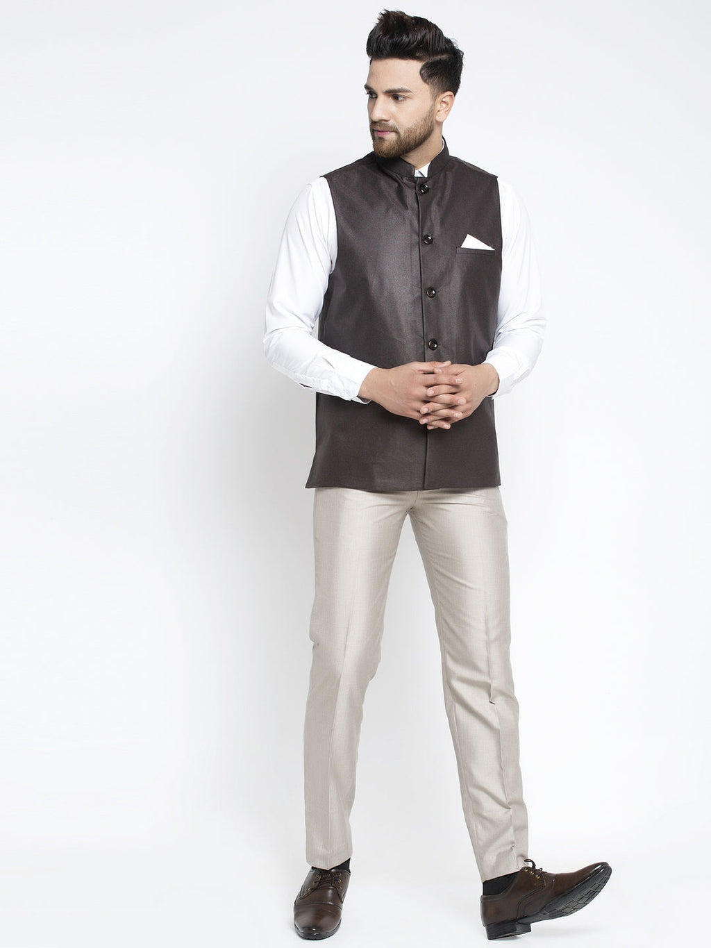Jompers Men's Brown Solid Nehru Jacket | Grocsy