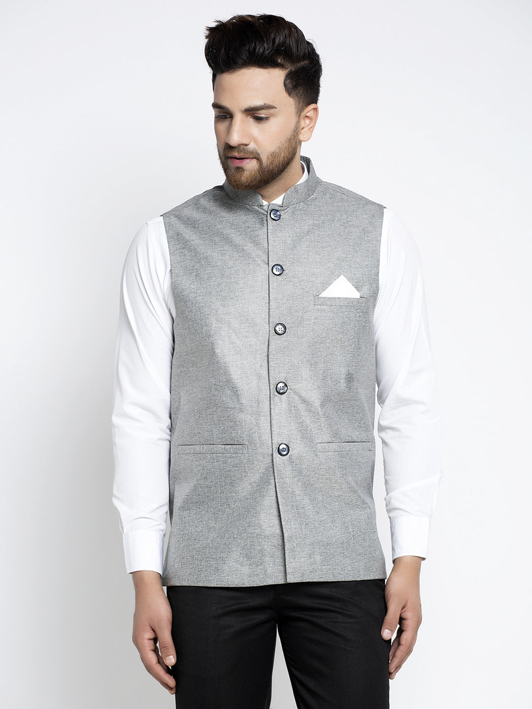 Jompers Men's Beautiful Grey Solid Nehru Jacket | Grocsy
