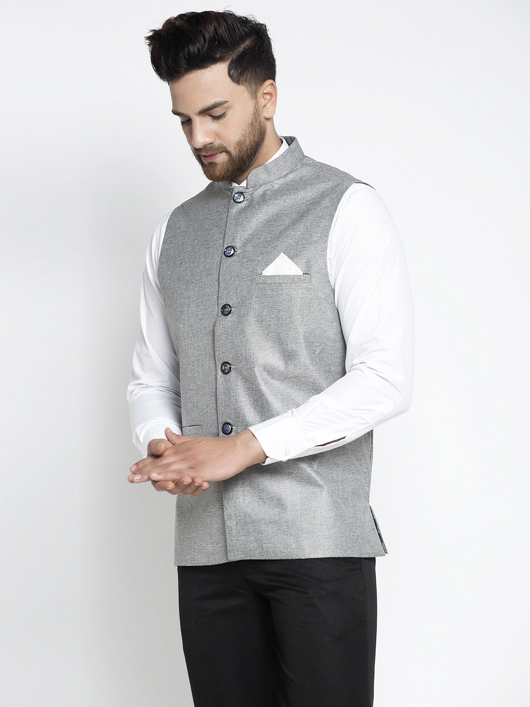 Jompers Men's Beautiful Grey Solid Nehru Jacket | Grocsy