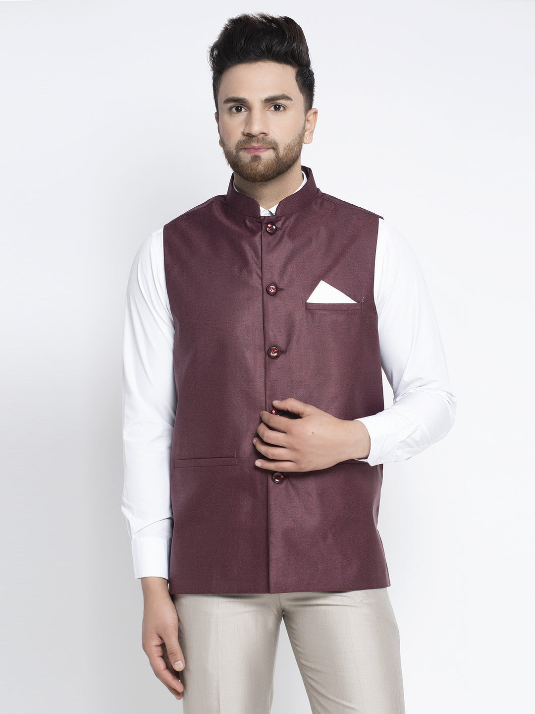Jompers Men's Maroon Solid Nehru Jacket | Grocsy