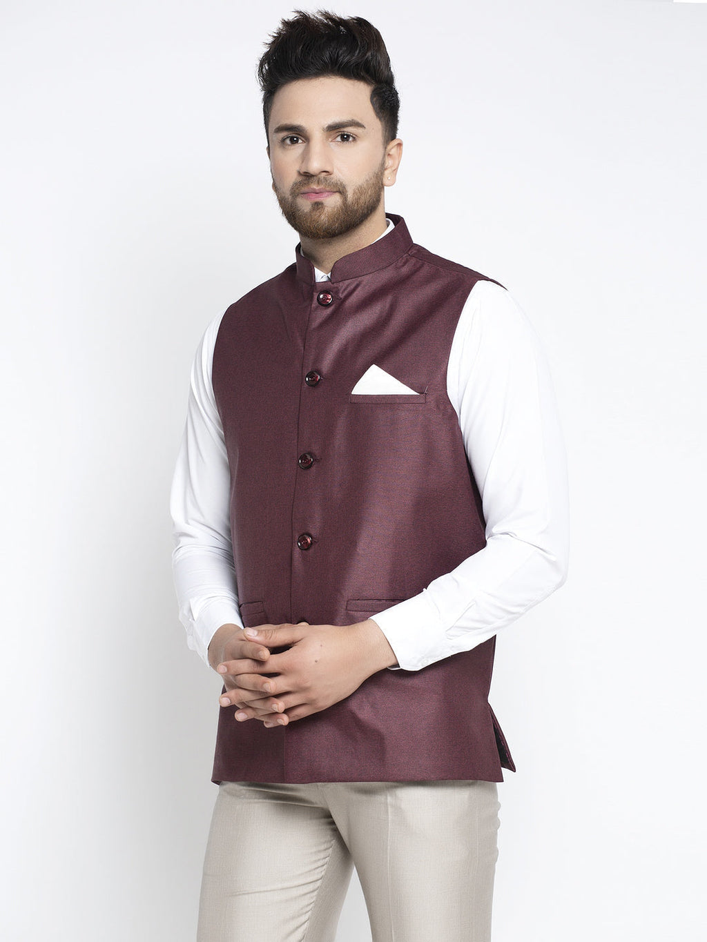 Jompers Men's Maroon Solid Nehru Jacket | Grocsy