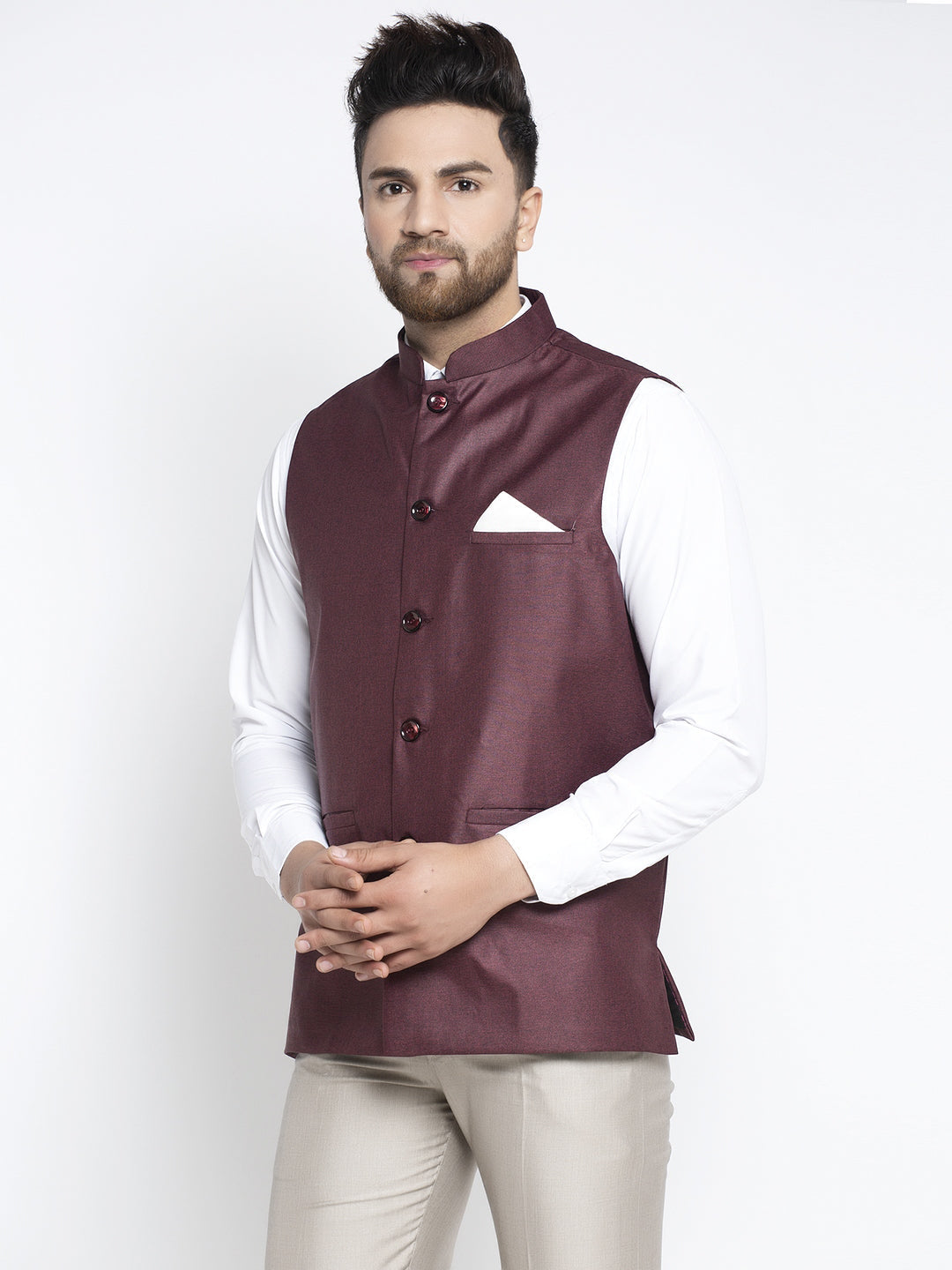 Jompers Men's Maroon Solid Nehru Jacket | Grocsy