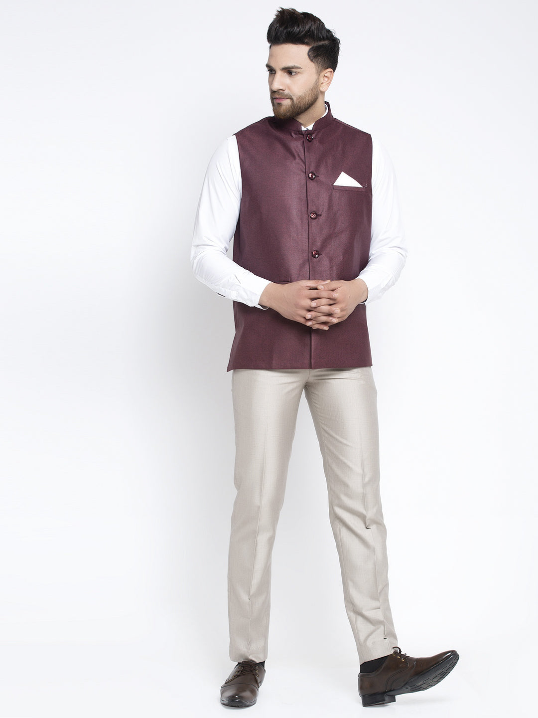 Jompers Men's Maroon Solid Nehru Jacket | Grocsy
