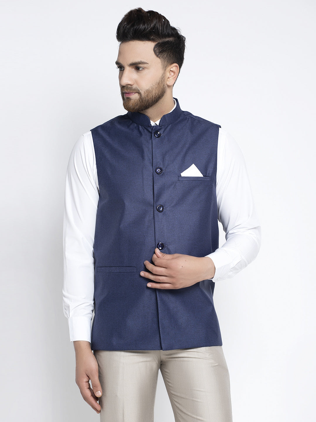 Jompers Men's Navy Blue Solid Nehru Jacket | Grocsy