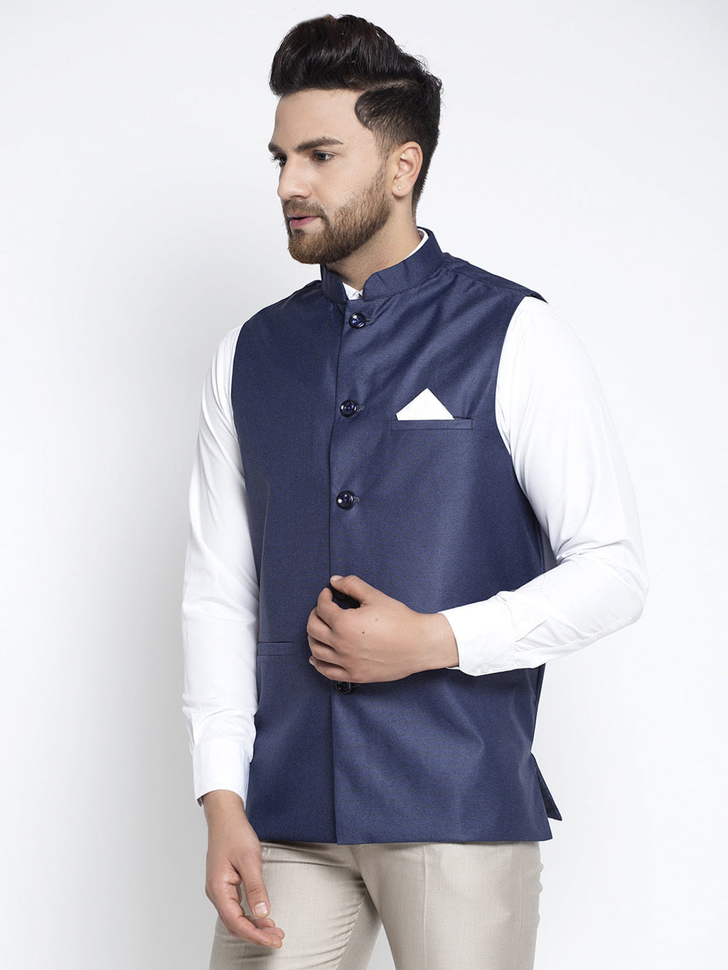 Jompers Men's Navy Blue Solid Nehru Jacket | Grocsy