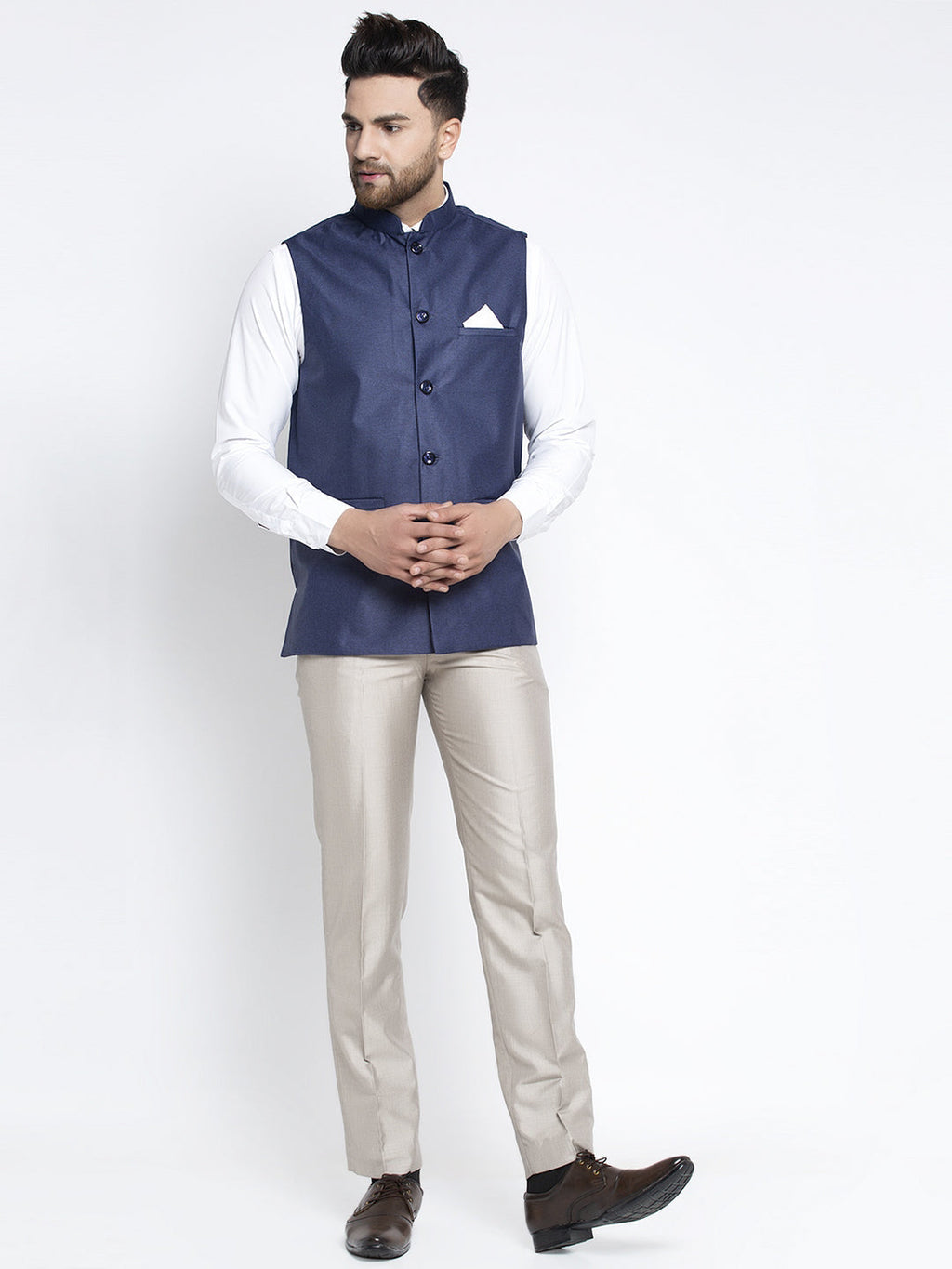 Jompers Men's Navy Blue Solid Nehru Jacket | Grocsy