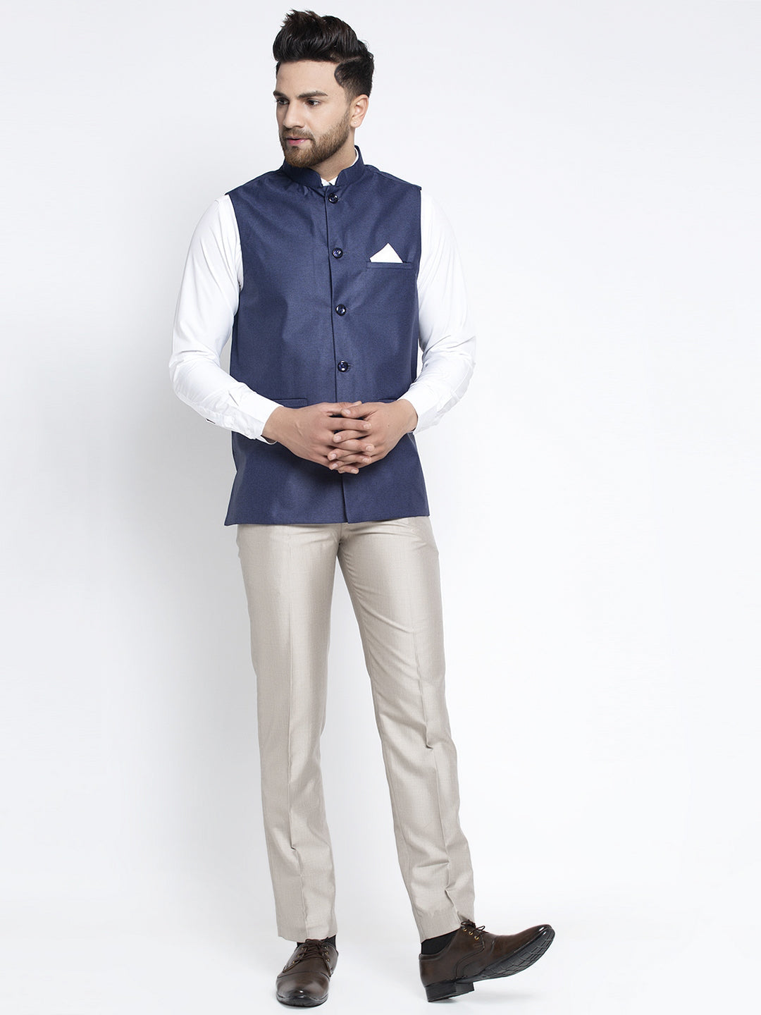 Jompers Men's Navy Blue Solid Nehru Jacket | Grocsy