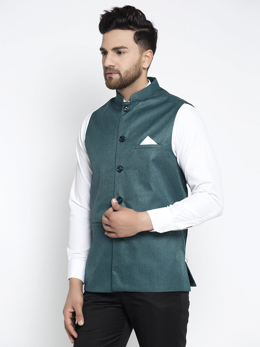 Jompers Men's Teal Solid Nehru Jacket | Grocsy
