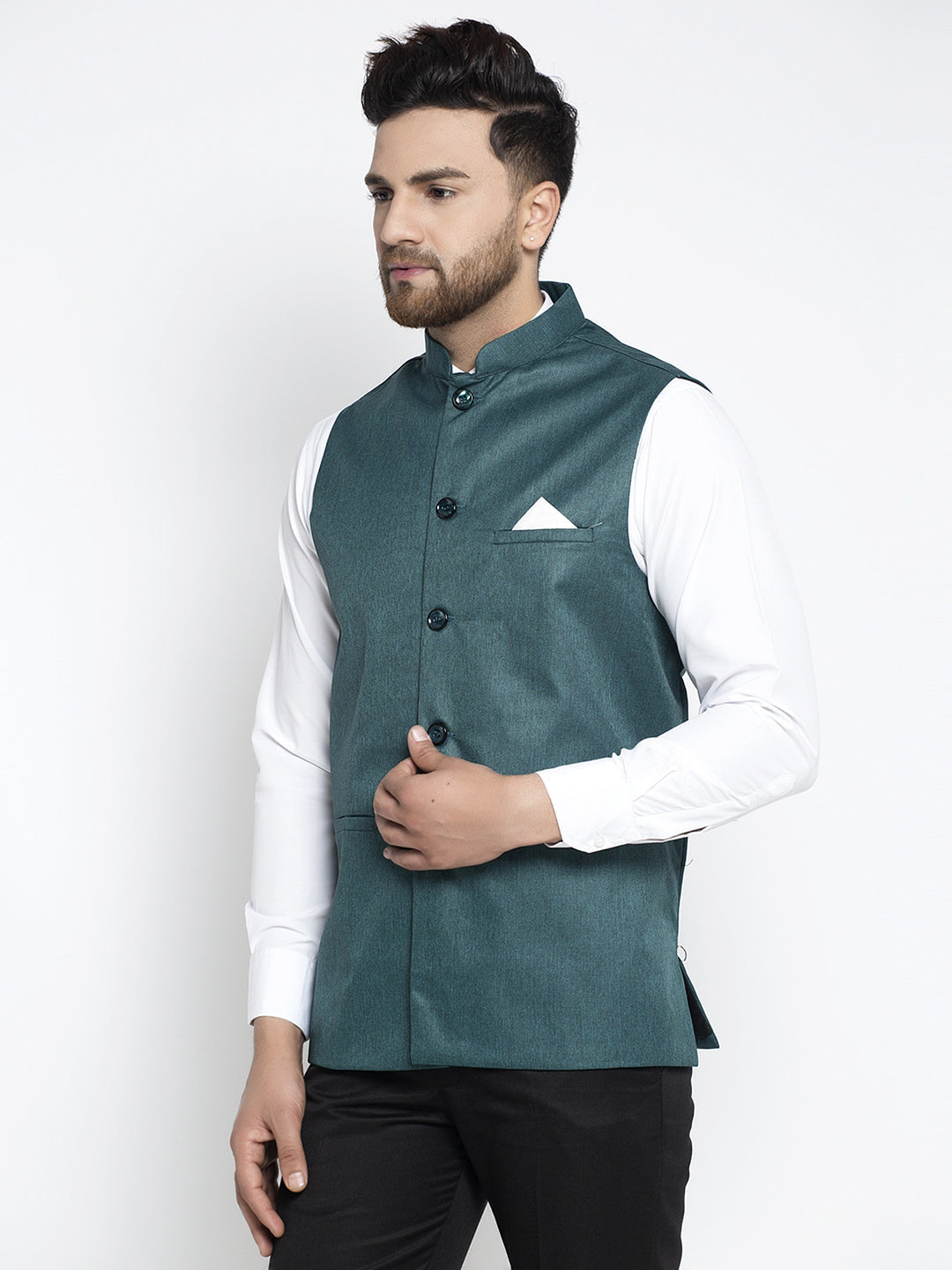 Jompers Men's Teal Solid Nehru Jacket | Grocsy