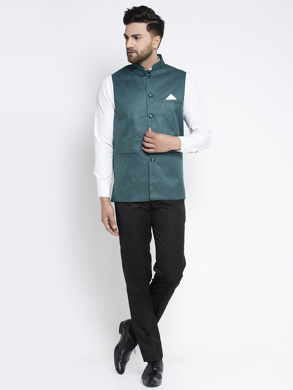 Jompers Men's Teal Solid Nehru Jacket | Grocsy