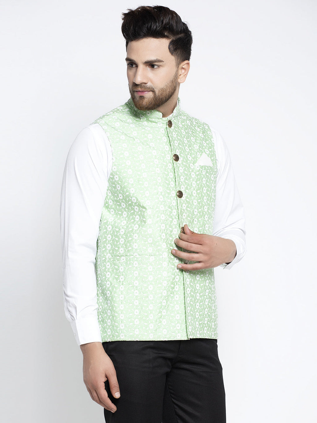 Jompers Men Green Embroidered Nehru Jacket | Grocsy