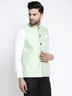 Jompers Men Green Embroidered Nehru Jacket | Grocsy
