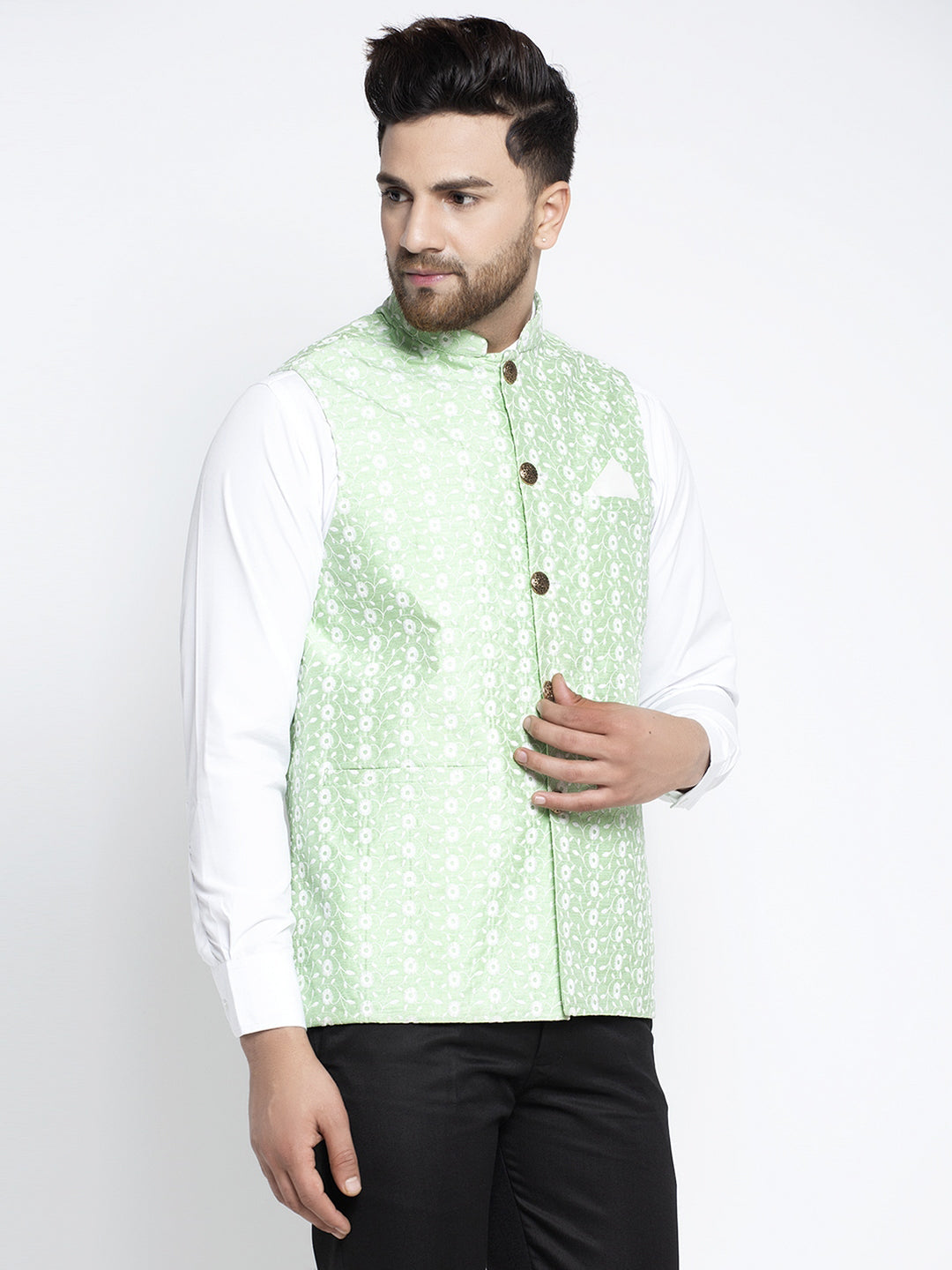 Jompers Men Green Embroidered Nehru Jacket | Grocsy