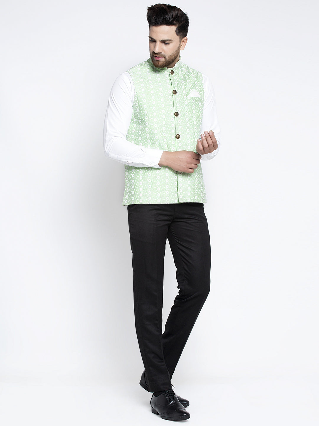 Jompers Men Green Embroidered Nehru Jacket | Grocsy