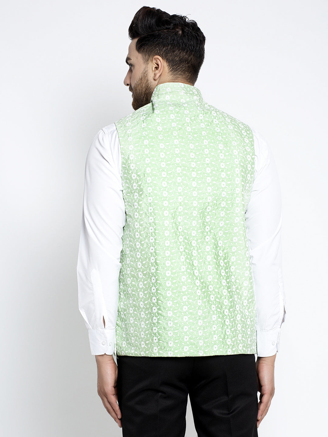 Jompers Men Green Embroidered Nehru Jacket | Grocsy