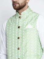 Jompers Men Green Embroidered Nehru Jacket | Grocsy