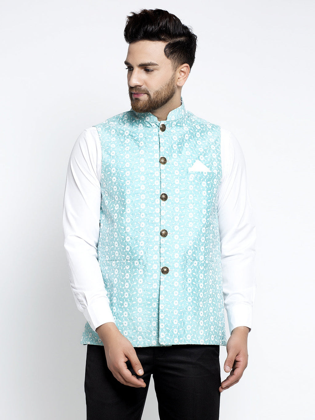 Jompers Men Beautiful Blue Embroidered Nehru Jacket | Grocsy