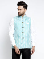 Jompers Men Beautiful Blue Embroidered Nehru Jacket | Grocsy