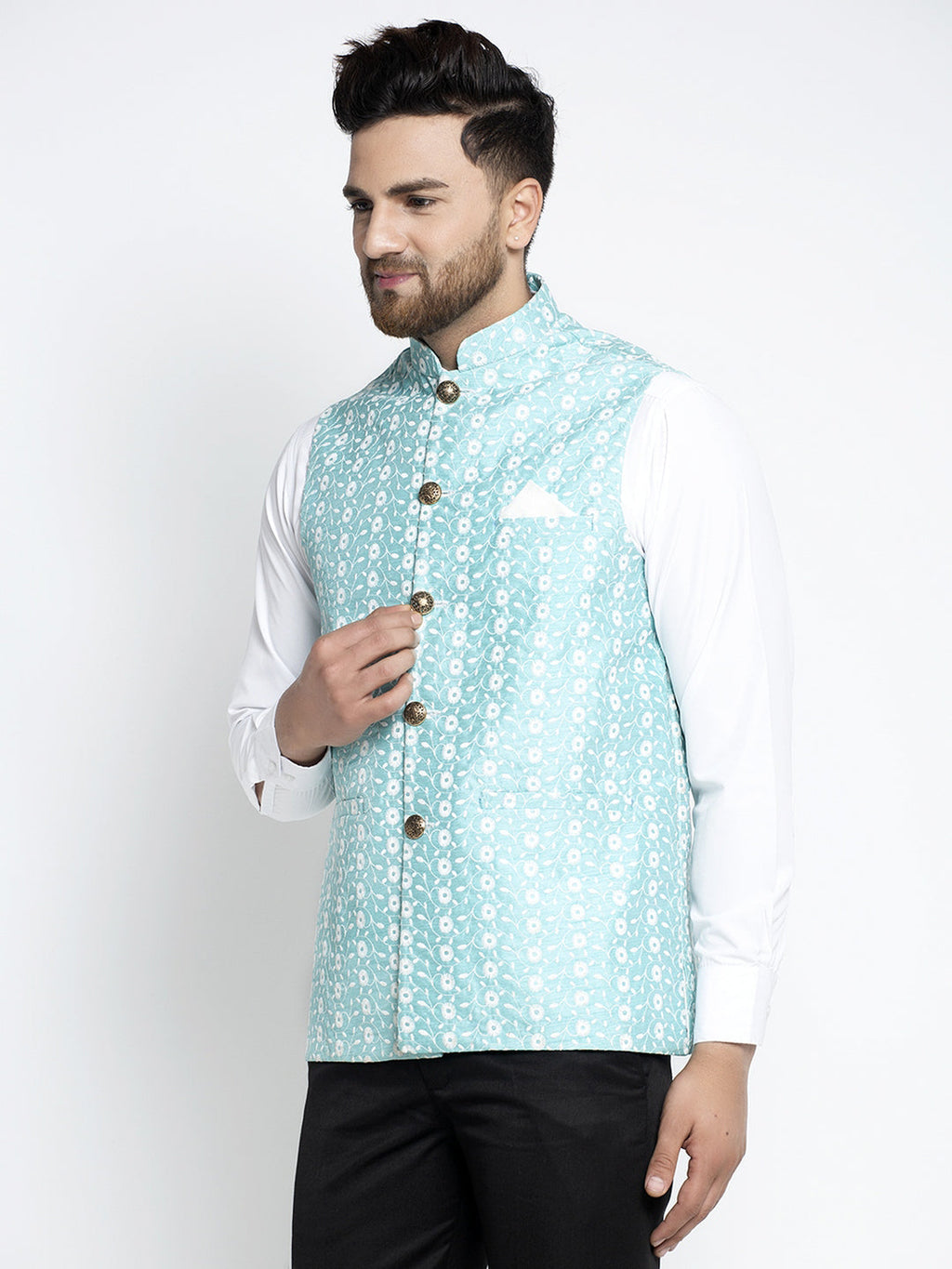Jompers Men Beautiful Blue Embroidered Nehru Jacket | Grocsy