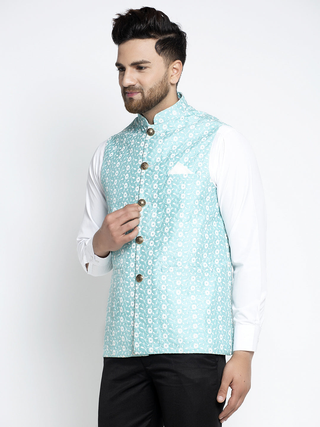 Jompers Men Beautiful Blue Embroidered Nehru Jacket | Grocsy