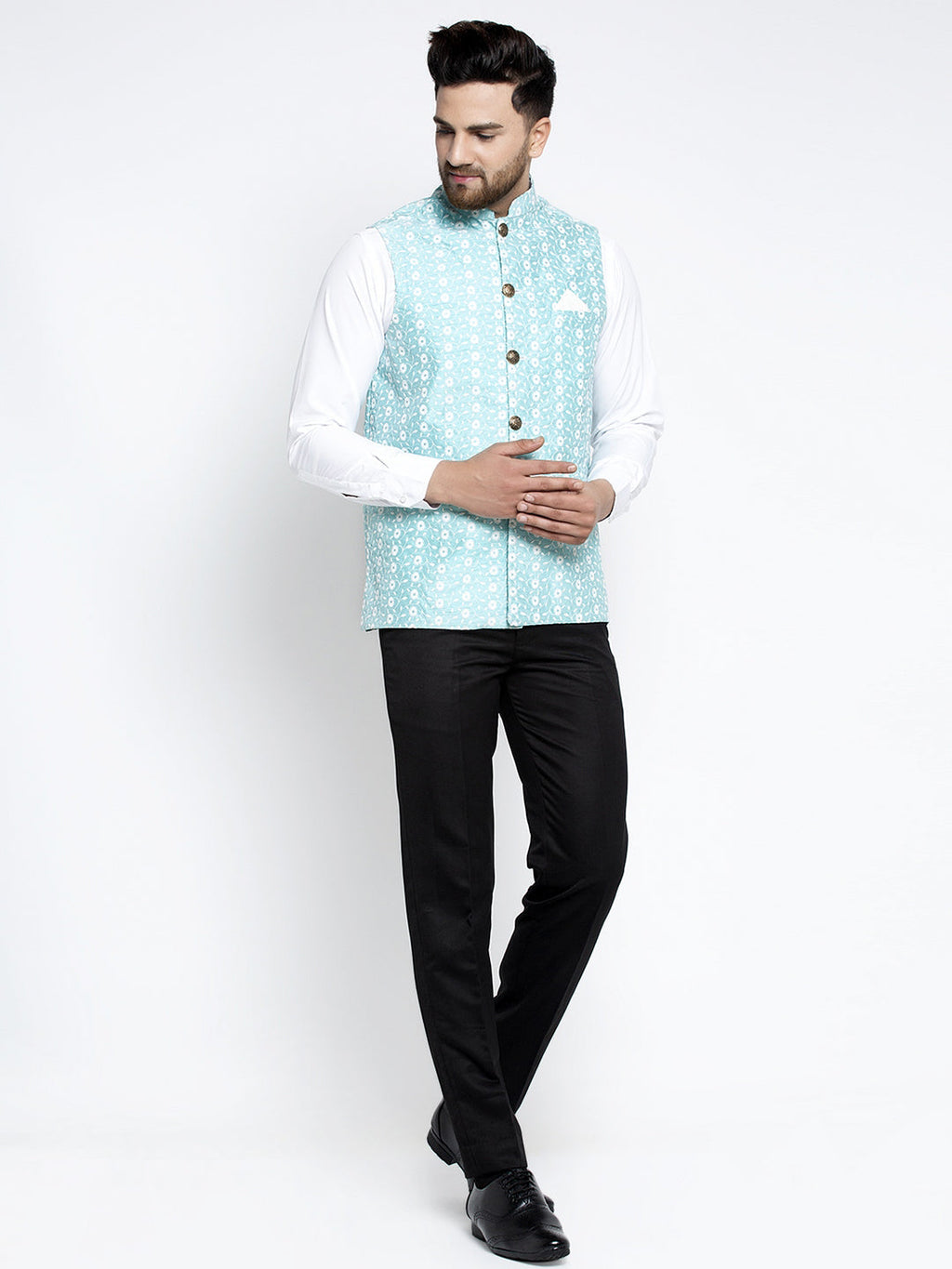 Jompers Men Beautiful Blue Embroidered Nehru Jacket | Grocsy