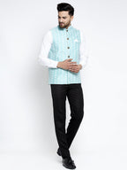 Jompers Men Beautiful Blue Embroidered Nehru Jacket | Grocsy