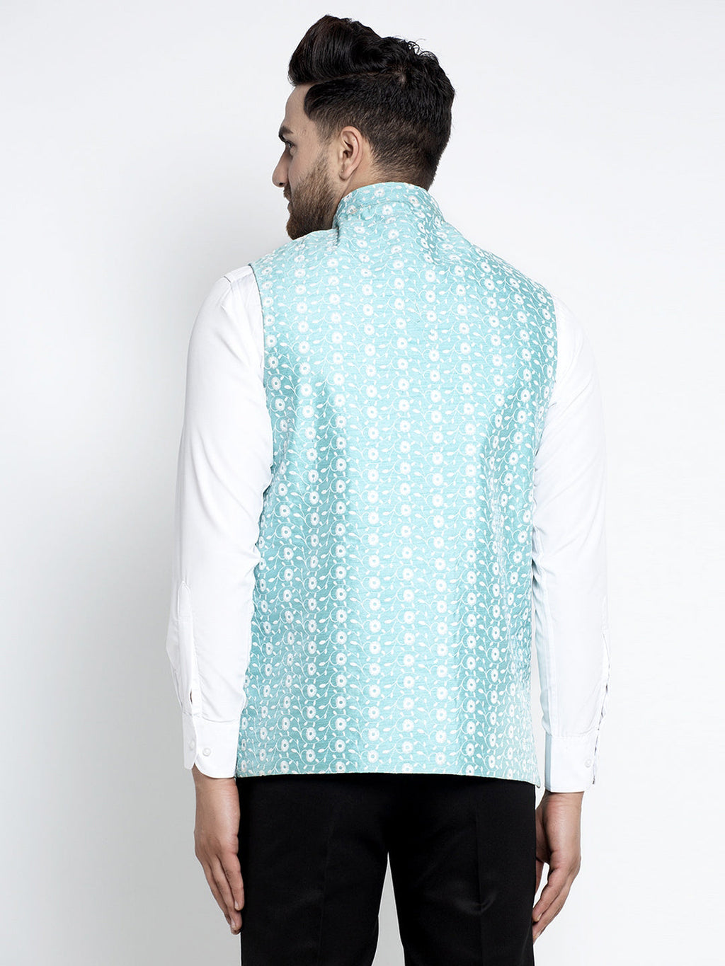 Jompers Men Beautiful Blue Embroidered Nehru Jacket | Grocsy