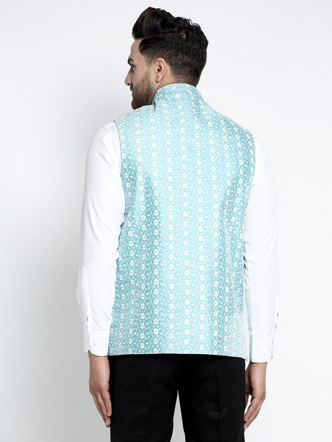 Jompers Men Beautiful Blue Embroidered Nehru Jacket | Grocsy