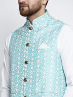 Jompers Men Beautiful Blue Embroidered Nehru Jacket | Grocsy