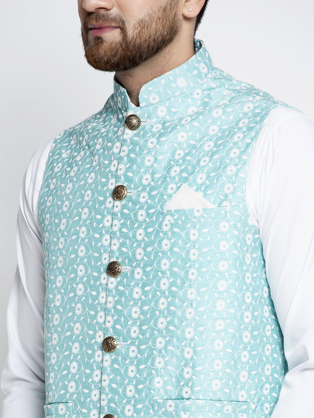 Jompers Men Beautiful Blue Embroidered Nehru Jacket | Grocsy