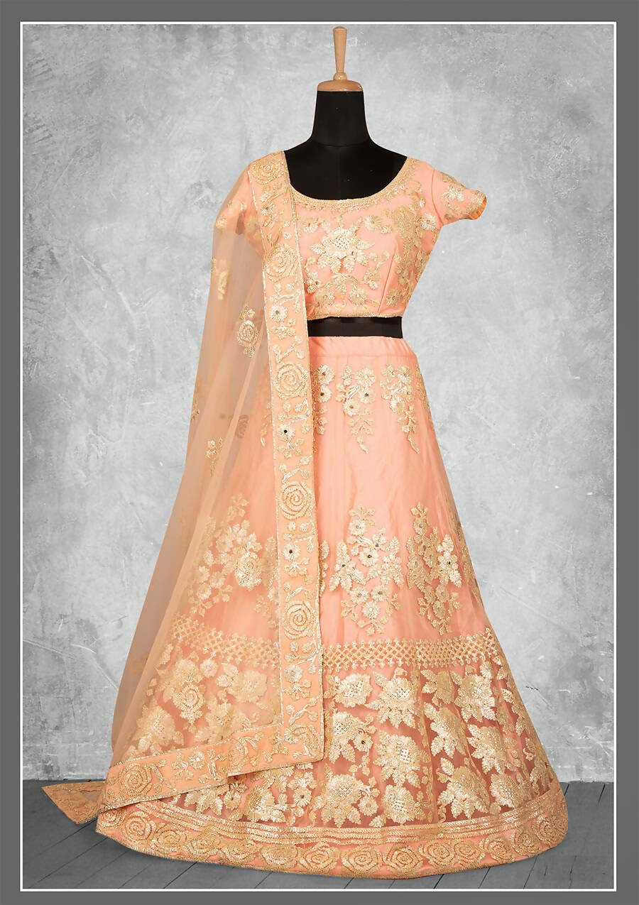 Light Orange Net, Satin Silk Cord And Floral Embroidery Semi-Stitched Lehenga Choli - Nimaya Kangan | Grocsy