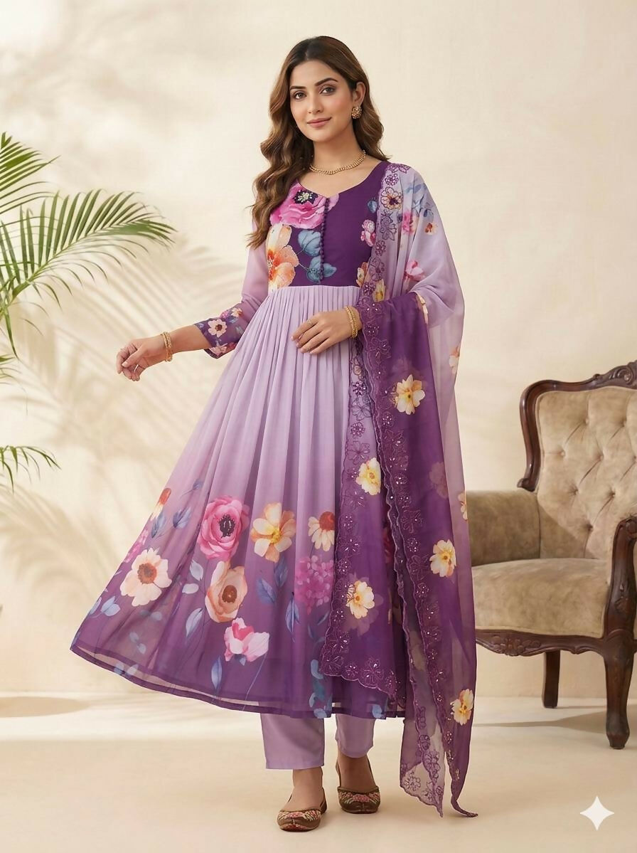 Teeya Creation Womens New Fancy Fox Georgette Heavy Quality Fabric With Handwork Purple Gown Set | Grocsy