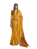 Joban Fashion Yellow-Firoji Velvet Tussar Silk with Foil Print Saree | Grocsy