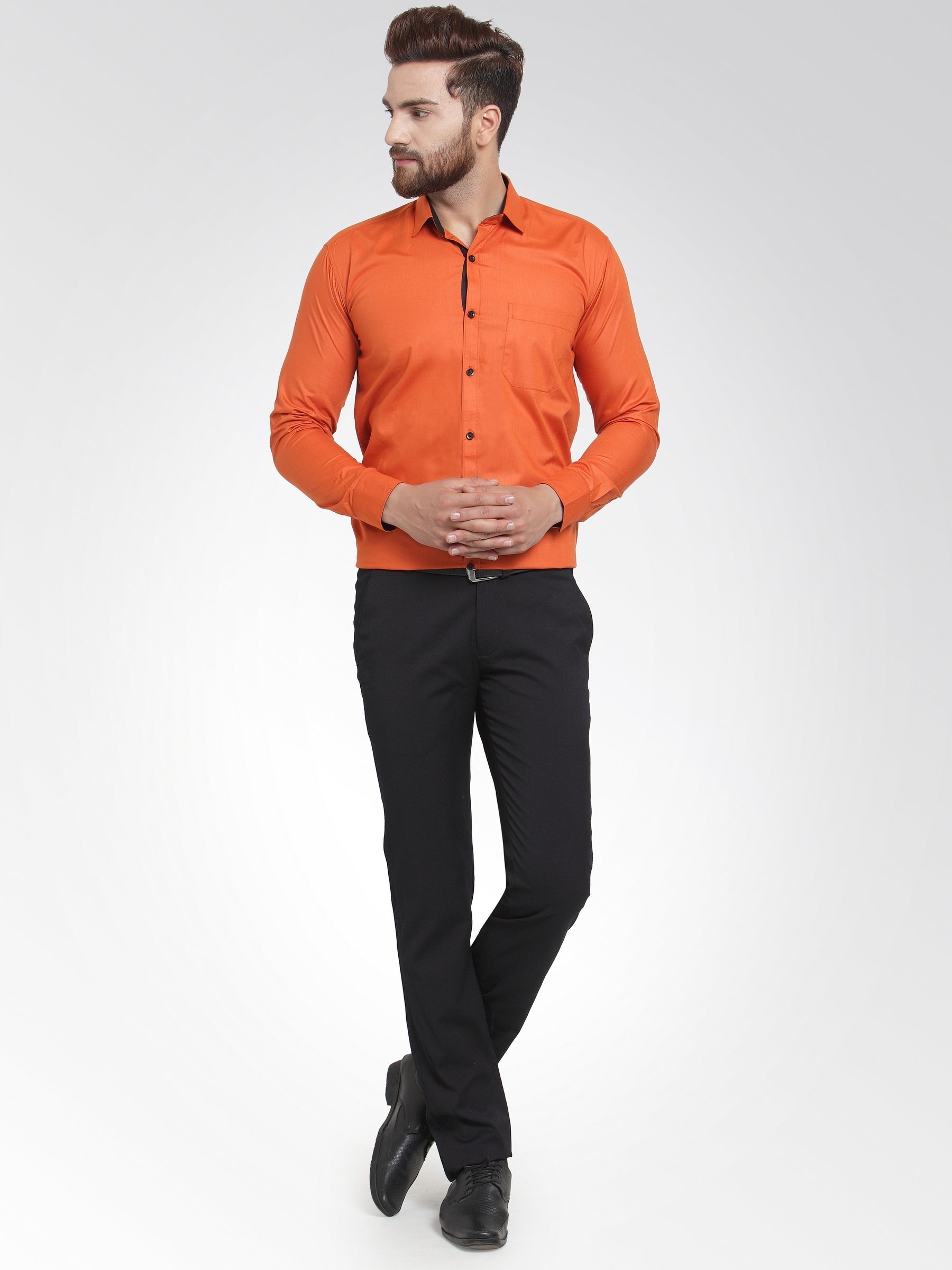 Jainish Dark Orange Formal Shirt with black detailing ( SF 411DO ) | Grocsy