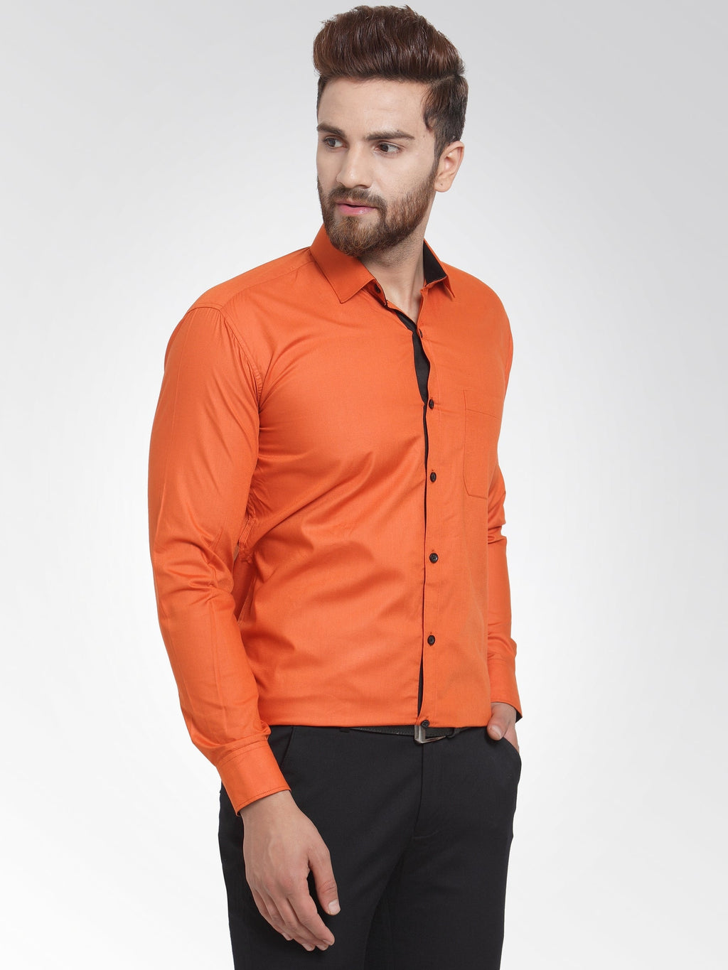 Jainish Dark Orange Formal Shirt with black detailing ( SF 411DO ) | Grocsy