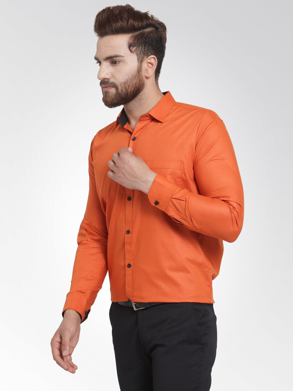 Jainish Dark Orange Formal Shirt with black detailing ( SF 411DO ) | Grocsy