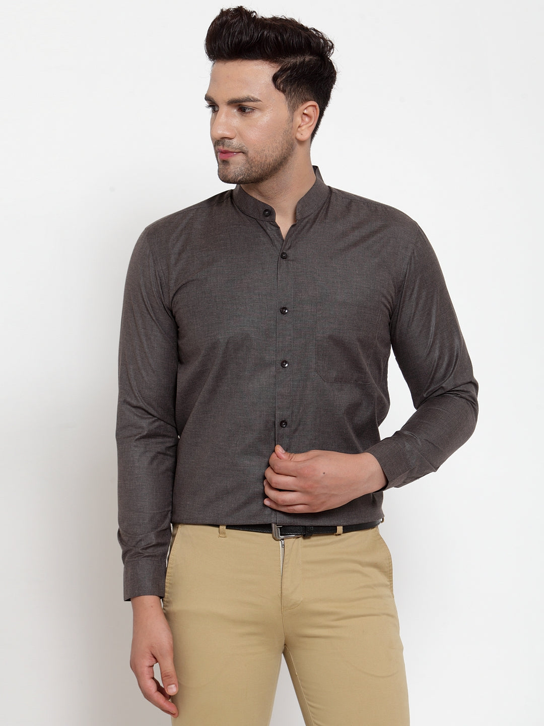 Jainish Grey Melange Men's Cotton Solid Mandarin Collar Formal Shirts ( SF 726Charcoal ) | Grocsy