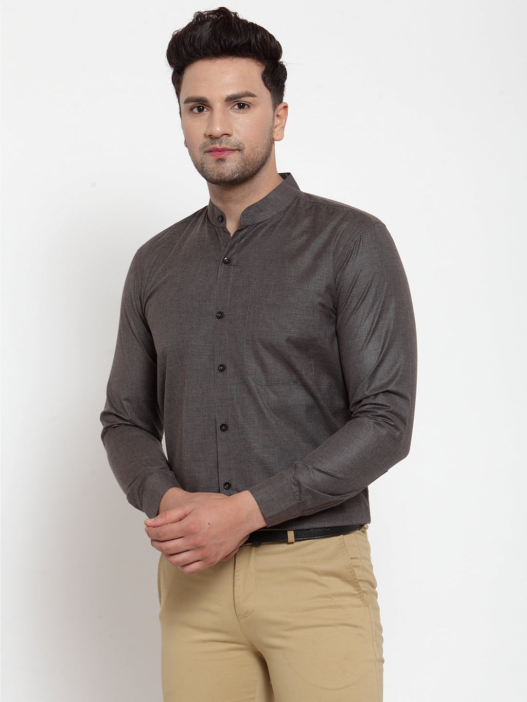 Jainish Grey Melange Men's Cotton Solid Mandarin Collar Formal Shirts ( SF 726Charcoal ) | Grocsy