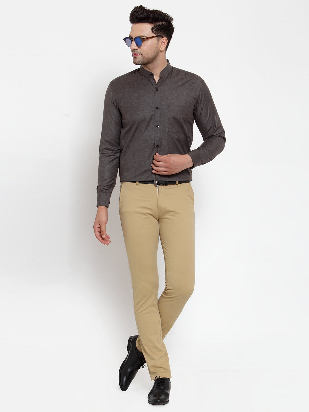 Jainish Grey Melange Men's Cotton Solid Mandarin Collar Formal Shirts ( SF 726Charcoal ) | Grocsy