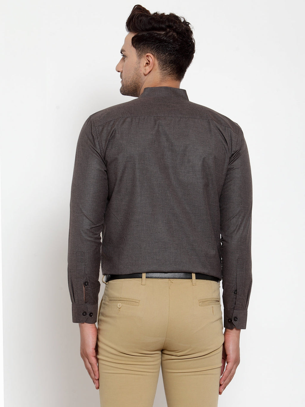 Jainish Grey Melange Men's Cotton Solid Mandarin Collar Formal Shirts ( SF 726Charcoal ) | Grocsy