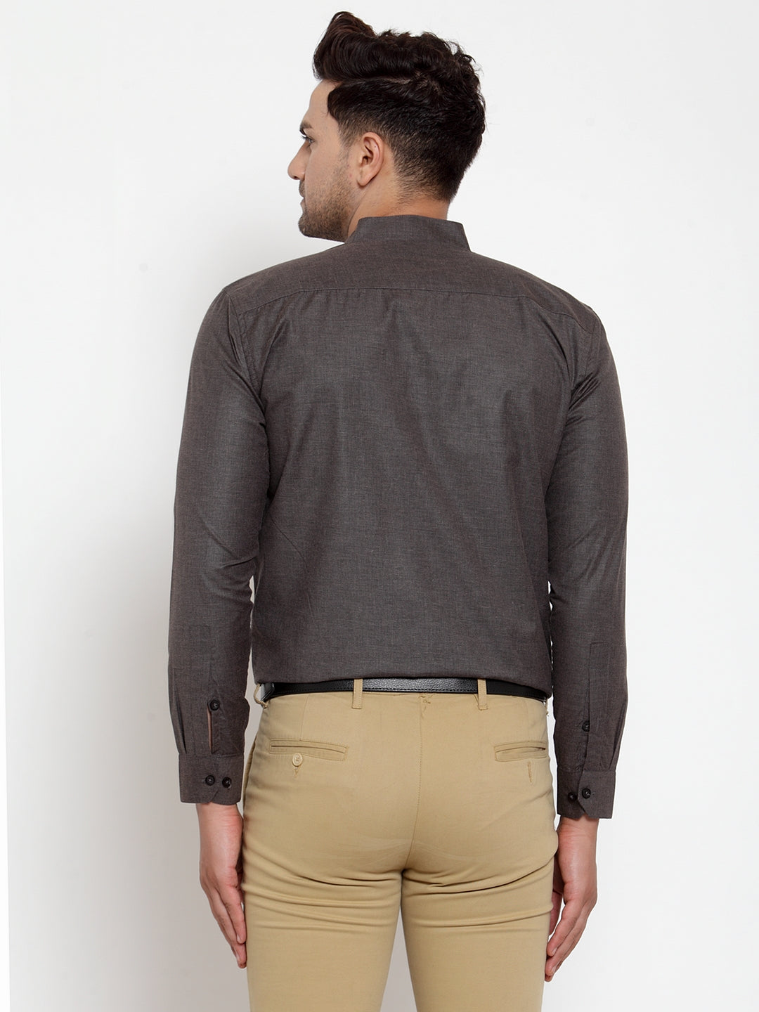 Jainish Grey Melange Men's Cotton Solid Mandarin Collar Formal Shirts ( SF 726Charcoal ) | Grocsy