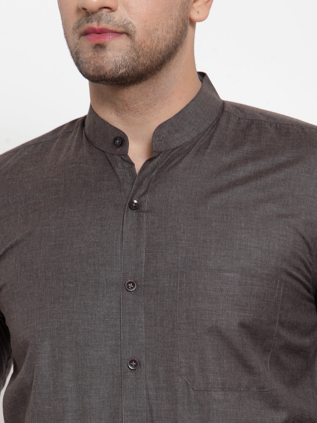 Jainish Grey Melange Men's Cotton Solid Mandarin Collar Formal Shirts ( SF 726Charcoal ) | Grocsy