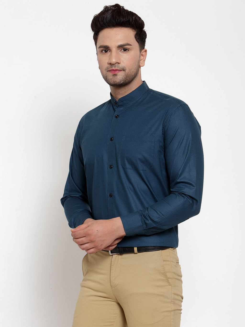 Jainish Navy Men's Cotton Solid Mandarin Collar Formal Shirts ( SF 726Teal ) | Grocsy